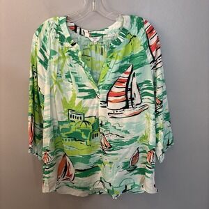 Crown and Ivy Sailboat Print Green Tunic Blouse Women's large Colorful